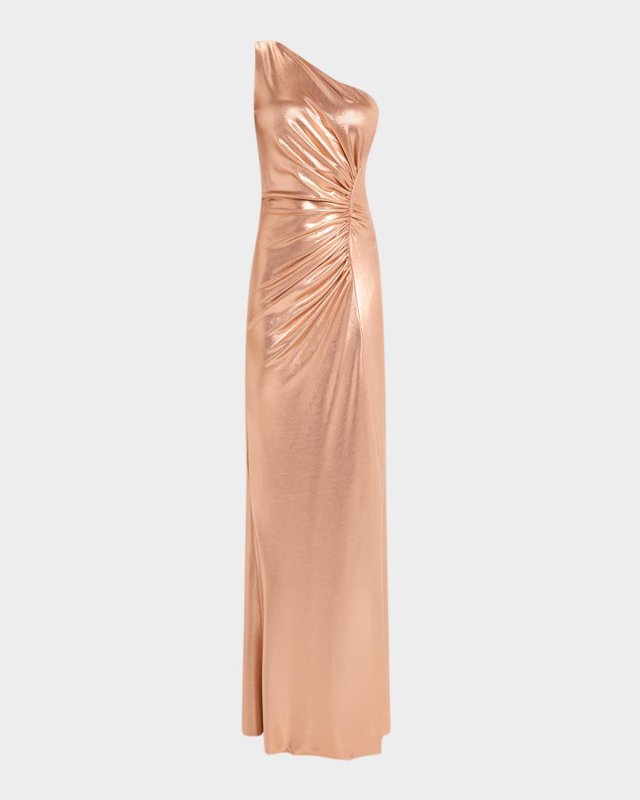 One-Shoulder Ruched Metallic Gown